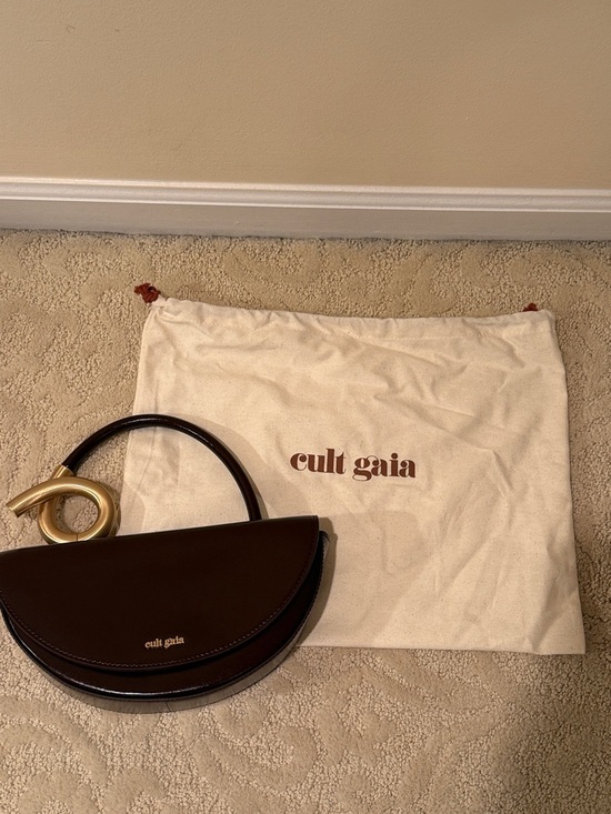 cult gaia Handbags - cult gaia dark brown leather half-moon mini bag with gold sculptural handle